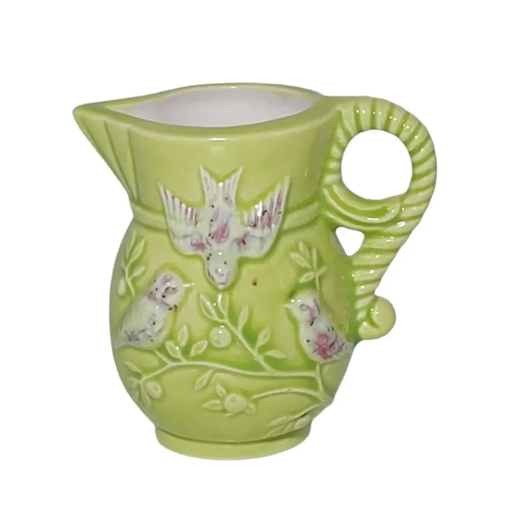 Italian Creamer Mini Ceramic Stoneware Lime Green Small Jug Pitcher With 3D Bird